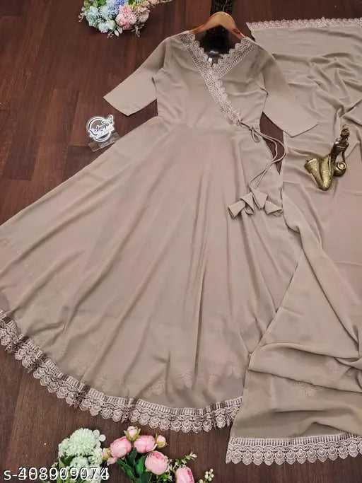 Brown georgette ZIPPY LACE gown duppatta set, solid pattern with three-quarter sleeves for Indian wedding attire