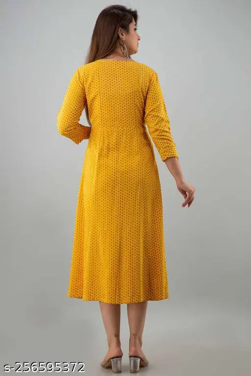 Yellow rayon anarkali for women, three-quarter sleeves, printed combo, Indian traditional wear