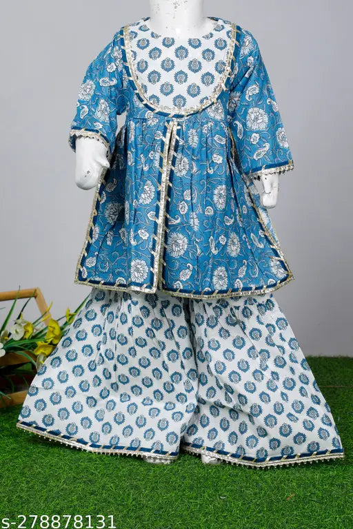 Spack Jerrow Floral Printed Cotton Kurti Sharara Set for Baby Girls - Indian ethnic wear, vibrant floral print, elastic sharara, cotton dupatta absent. Perfect for festivals like Diwali, Janmashtami, Rakhi