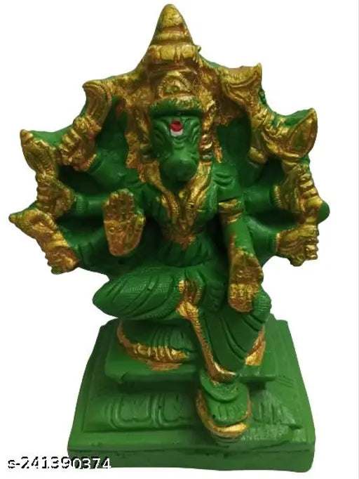 Green polyresin idol of Lord Varahi, intricately detailed with multiple arms and accessories