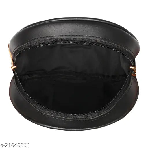 Black faux leather round embroidery sling bag with embellished details