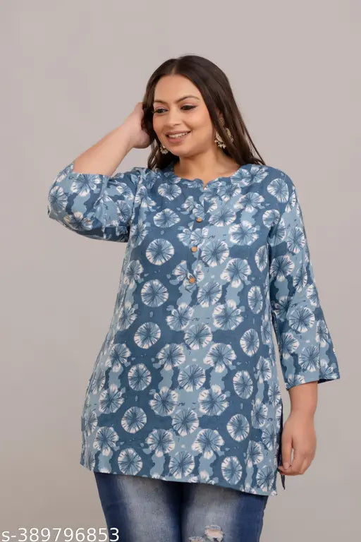 Rayon blue short kurti, printed trendy design, comfortable for M-9XL sizes, Indian origin