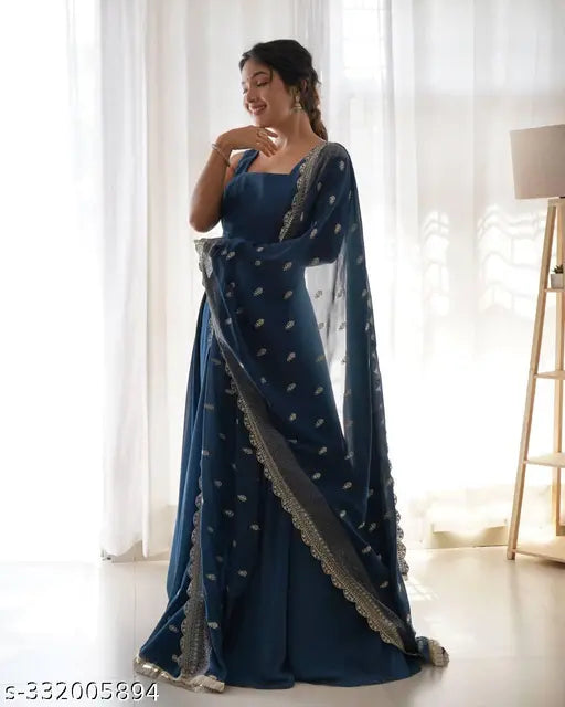Classic Retro Women's Georgette Gown, soft fox pure georgette with micro cotton inner, 56" length, embroidery sequance jari work cutwork with lace border, ready-to-wear Indian traditional clothing