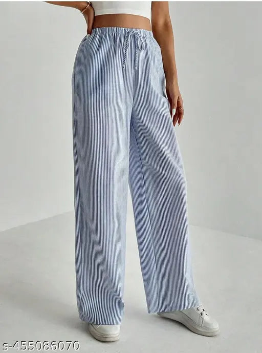 Women's cotton formal pants, white blue stripes