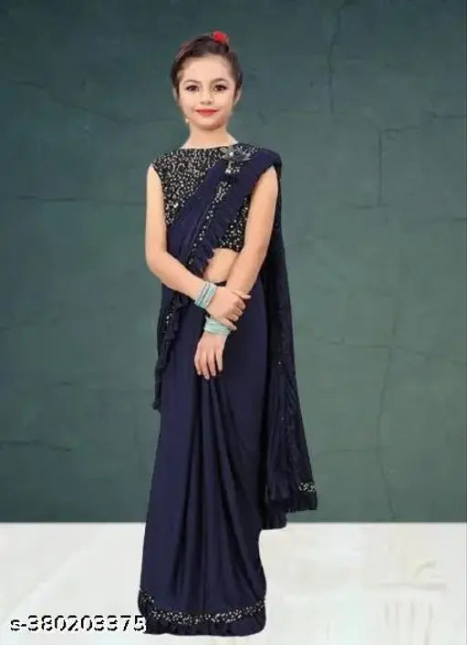 Poly Silk party saree for baby princess, embellished blouse pieces in multiple sizes (3-14 years), Indian crafted
