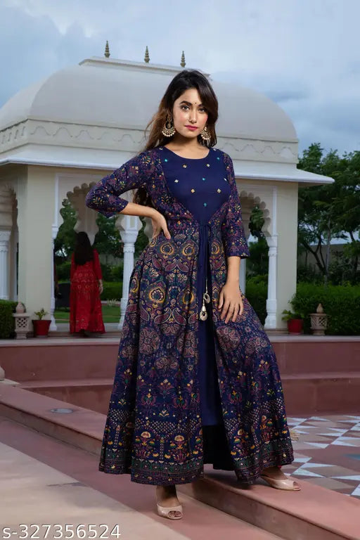 Blue rayon embroidered anarkali kurta with three-quarter sleeves, handcrafted in Jaipur, India