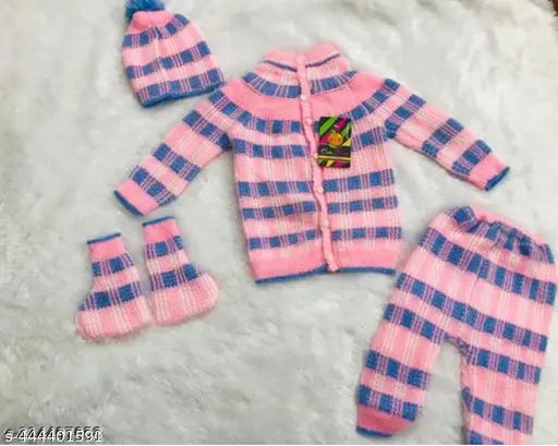 Trendy navy blue striped wool sweater for kids, ultra-soft pajama with cap design, India origin