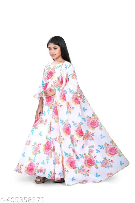 Children's printed net ball gown for formal events, three-quarter sleeves, sizes 9-16 years, Indian origin