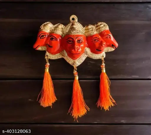 Gold-orange finished NAC Panchmukhi Hanuman Ji Murti statue, 5cm x 18cm x 20cm for door entrance wall hanging showpiece with silk latakan
