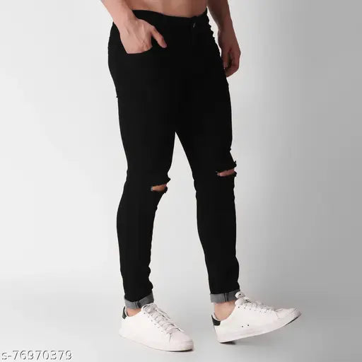 Black silk slim-fit Kneecut jeans for men, stylish design and great fitting