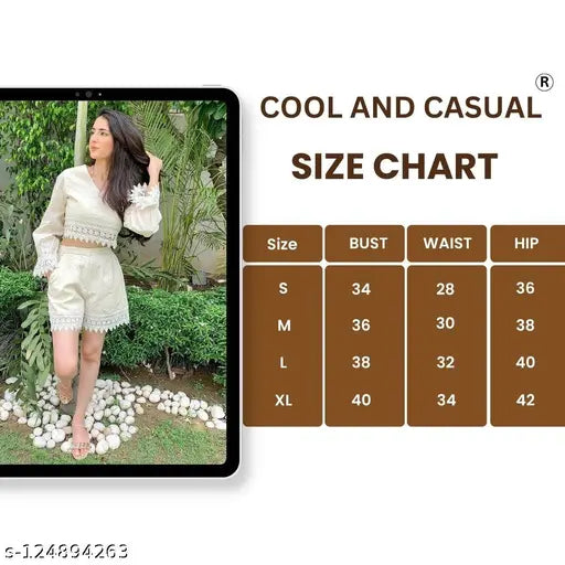 White cotton crop top & short set with lace work, 100% cotton for a comfortable western fit and style. Solid color, great pair with shoes and heels. Size guide: Model is 5'7" wearing size M. Made in India