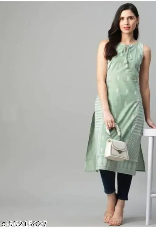 Green kurta with embroidered sleeves, short length, and zip closure