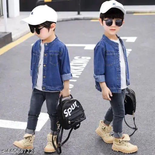 Single collar boys jean jacket, blue denim fabric, casual style