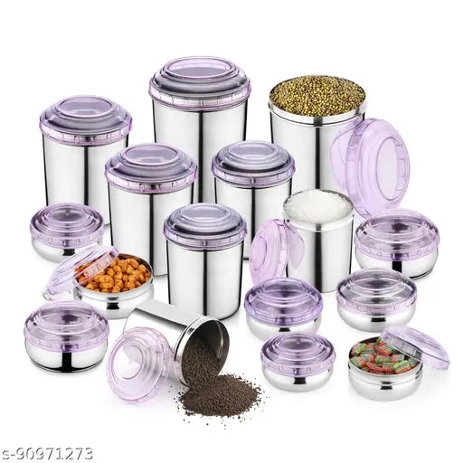 16 PCS Stainless Steel Canister Set (8) & Belly Storage Set (8) with PURPLE PC lids -8+8=16 Pcs Set