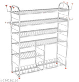Stainless steel wall-mounted kitchen rack with six shelves and two lower plates, ideal for organizing cutlery and dishware in a modular design