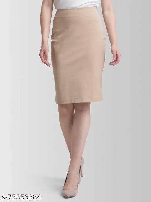 Mehrang formal stretchable midi pencil skirt for women, knee length, elasticated waist