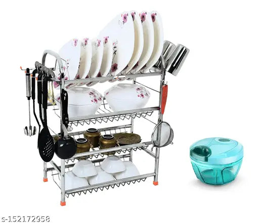 Stainless steel kitchen utensil rack with mini chopper and dish rack, wall mountable, compact vegetable chopper