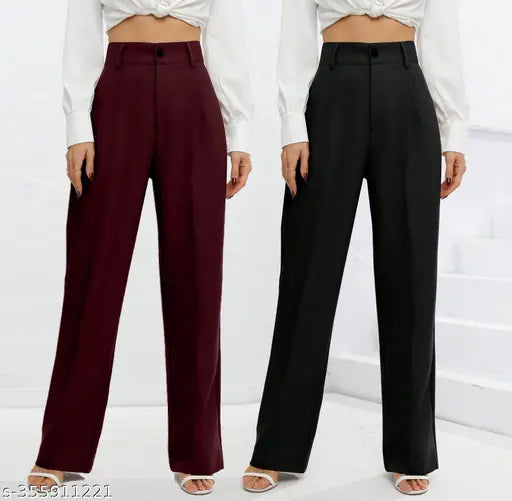 Maroon high-waisted straight-leg trousers