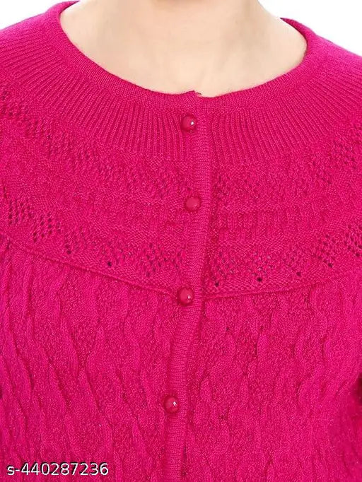 Soft wool round neck buttoned sweater cardigan for women, solid color, long sleeves, front pockets, stretchable, Indian origin