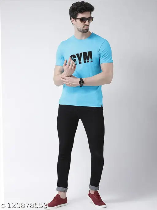 Aqua blue cotton round neck t-shirt for men, high-quality printed design, size S-36