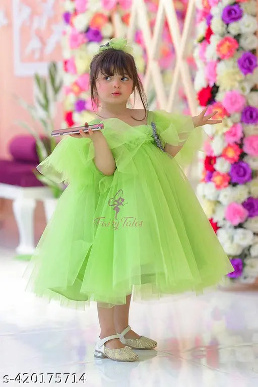 Green satin tulle prom dress, puffy sleeves, gold sequins on bodice