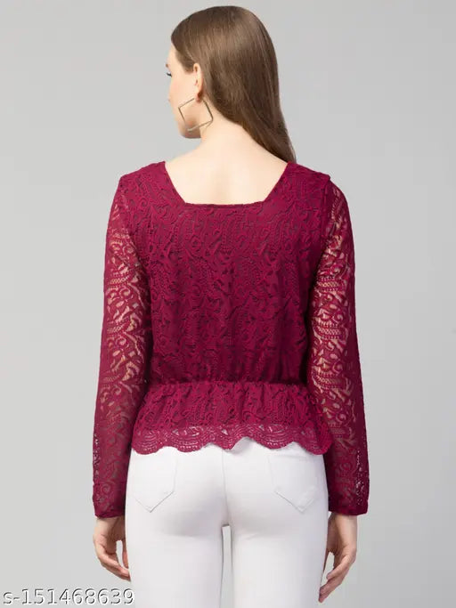 White lace bishop sleeve peplum top, self-designed floral pattern, long sleeves, M size (36in bust, 22in length)