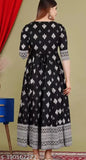 Black rayon three-quarter sleeve blouse with printed combo, model wearing size S (36in bust, 44in length)