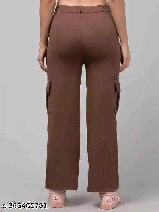 Women's solid cotton-blend cargo bell noutam trousers, available in sizes 28, 30, and 32