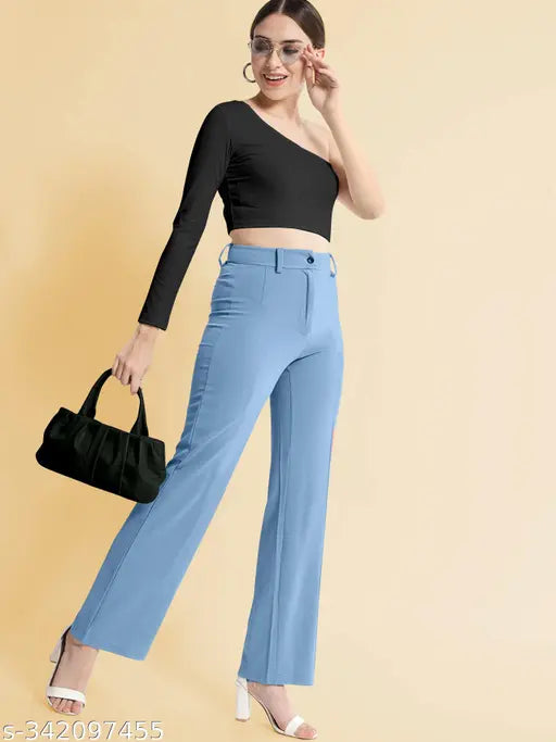 Cotton blend, Urbane feminine women's trousers in dark green, high-rise fit for casual wear (size 28/30/32/34)
