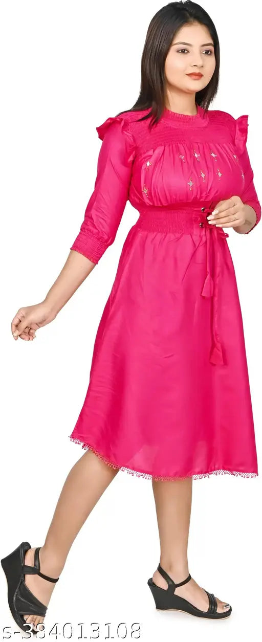 Pink cotton blend three-quarter sleeve frocks kurtis for girls and ladies, solid pattern fashion clothing on model