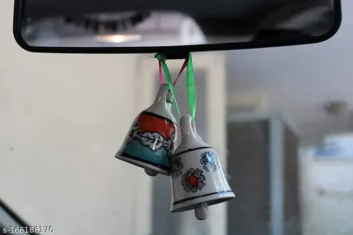 Multicolor hand-painted ceramic bell pair, decorative home or car art with jingle sound, positive chi energy boost