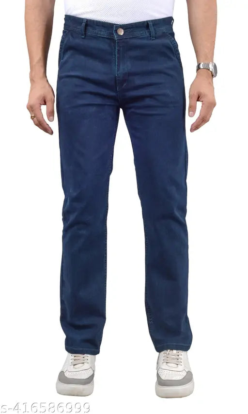 Navyblue denim men's jeans with trendy, stylish unique design, mid-rise, lightly washed, stretchable, and relaxed fit. Includes zip fly, brand patch on waistband, two curved pockets at back, and belt loops. Available sizes: 28, 30, 32, 34, 36, 38, 40 (inches). Made in India