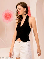 Trendy sleeveless polyester duffle coat for women, solid color fashion waiscoat, size S (bust 34in, length 16in), India origin