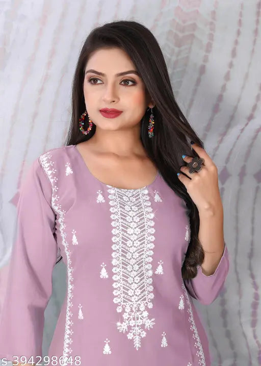 Purple embroidered georgette kameez with matching dupatta for women