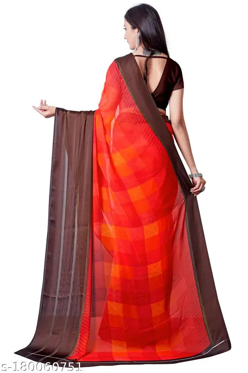 Red satin georgette sari with unstitched blouse