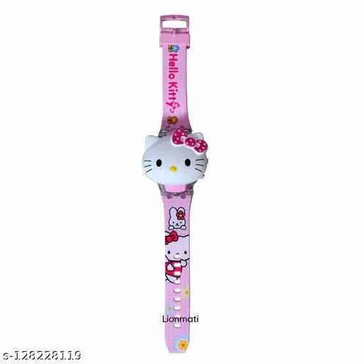 Pink digital watch with hello kitty face cover, music notes and design, for girls