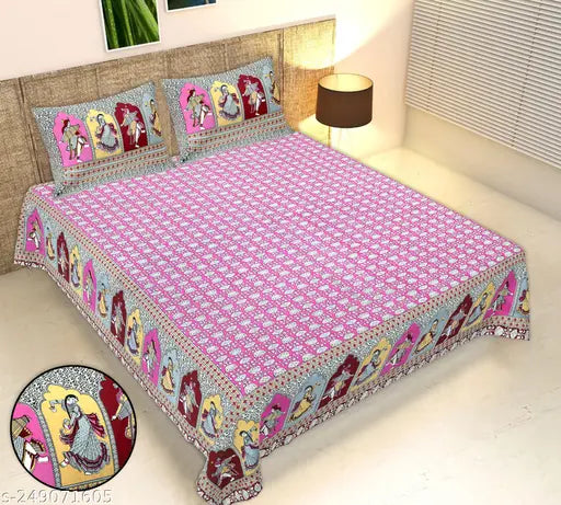 Brown cotton cultural dance design king size bedsheet with two pillow covers, Jaipuri printed for summer use