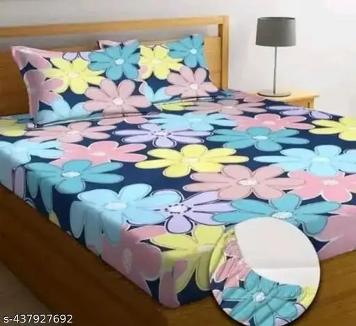 Superfine floral cotton double king elastic fitted bedsheets, featuring 2 pillow covers for summer - India-made