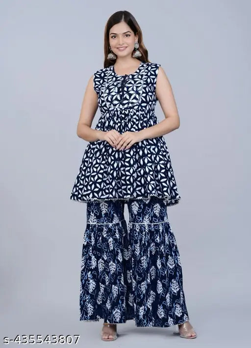 Adrika Superior Sharara, long blue shrug with flared sleeves and asymmetrical hem