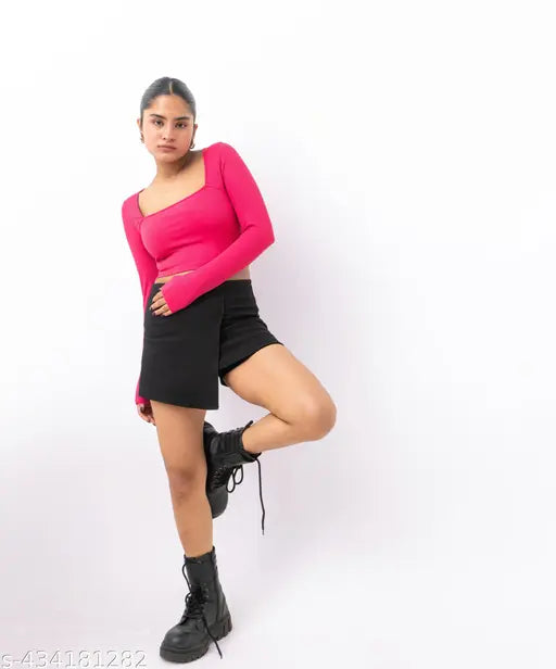 Solid polyester long-sleeved square neck ribbed top, XS (32in bust, 36in length)