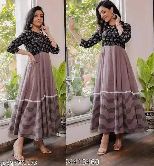 Black rayon anarkali kurti with three-quarter sleeves, printed combo - Indian fashion for youth on various sizes S-4XL