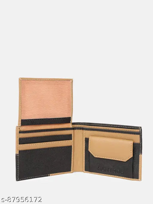 Brown PU bi-fold wallet with 9 card slots, 2 currency pockets, secret compartments, coin pocket, ID window, zippered compartment, and polyester lining - ideal for men's essentials organization. Perfect size for pockets or travel bags. Made in India