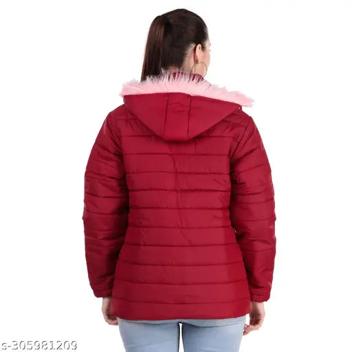 Nylon solid women's puffer jacket, long sleeves, available in M, L, XL, XXL – India-made full sleeve winter jacket
