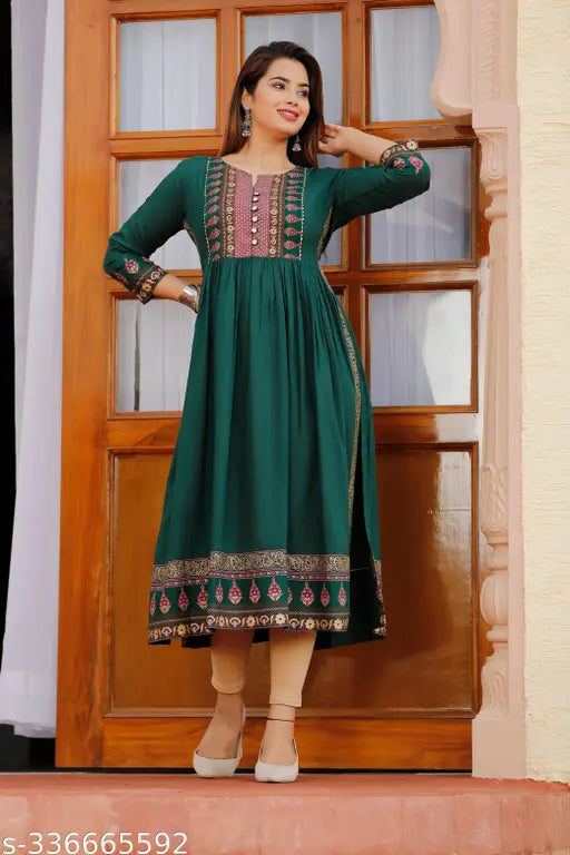 Rayon, embroidered 3/4 sleeve Naira Kurti with button and lace work, Indian traditional fashion