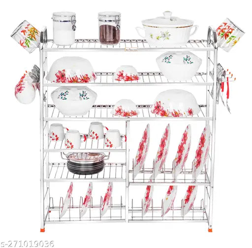 Stainless steel wall-mounted kitchen utensils rack with six shelves