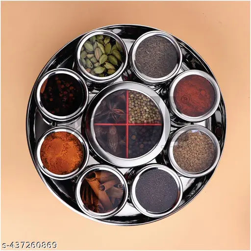 Stainless steel spice box with 12 compartments, silver color, ideal for kitchen masala storage.