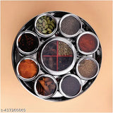 Stainless steel spice box with 12 compartments, silver color, ideal for kitchen masala storage.