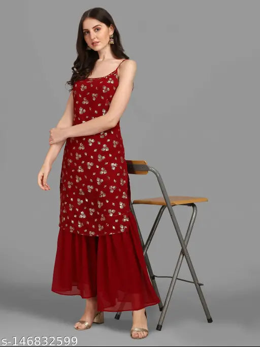 Georgette sleeveless Jivika Gracefull women's kurta set with palazzos, printed design, India origin
