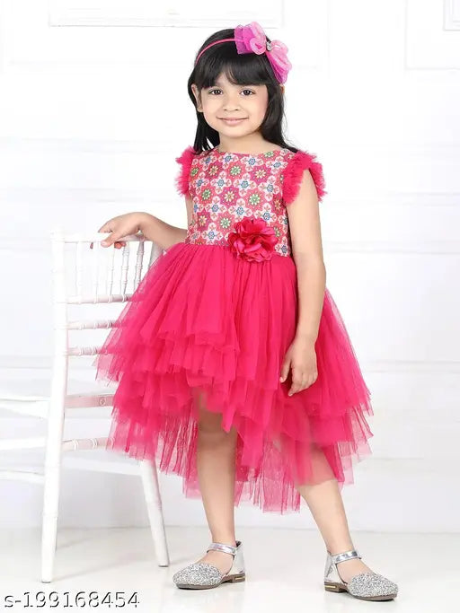 Magenta net high-low party dress for girls aged 1-2 years, printed with toy balloons theme, India origin