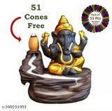 golden ganesha smoke backflow, poly resin Ganesh idol with 51 incense cones, intricately designed waterfall smokey art piece for home decor
